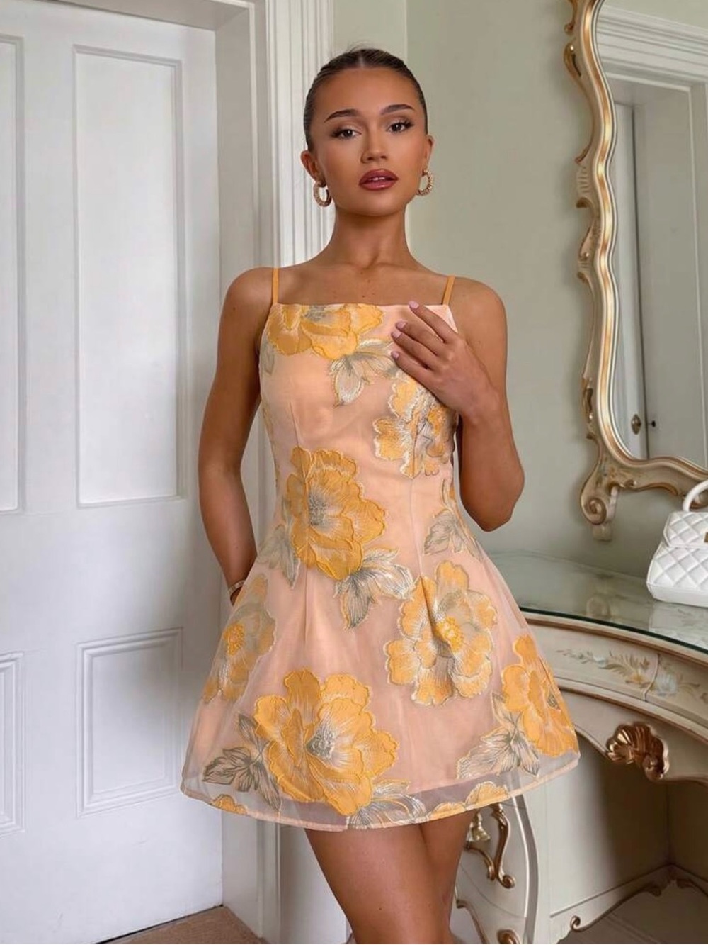 SHEIN Peach Mini Dress with Yellow Floral Embroidery